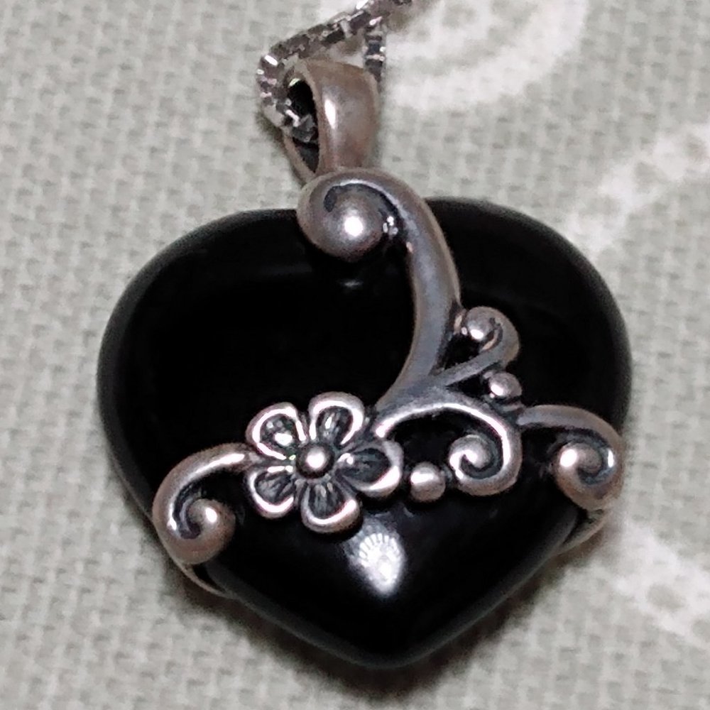 Black Onyx & Sterling Silver Heart Necklace